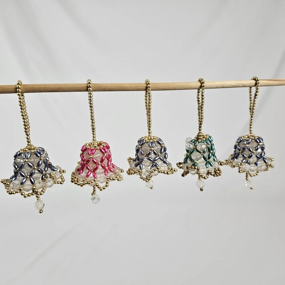 Vintage Beaded Crystal Bell Christmas Tree Ornaments Set of 5